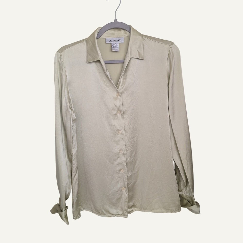 Alfani 100% Silk Button Down Blouse French Cuffs Light Sage Green Size 4